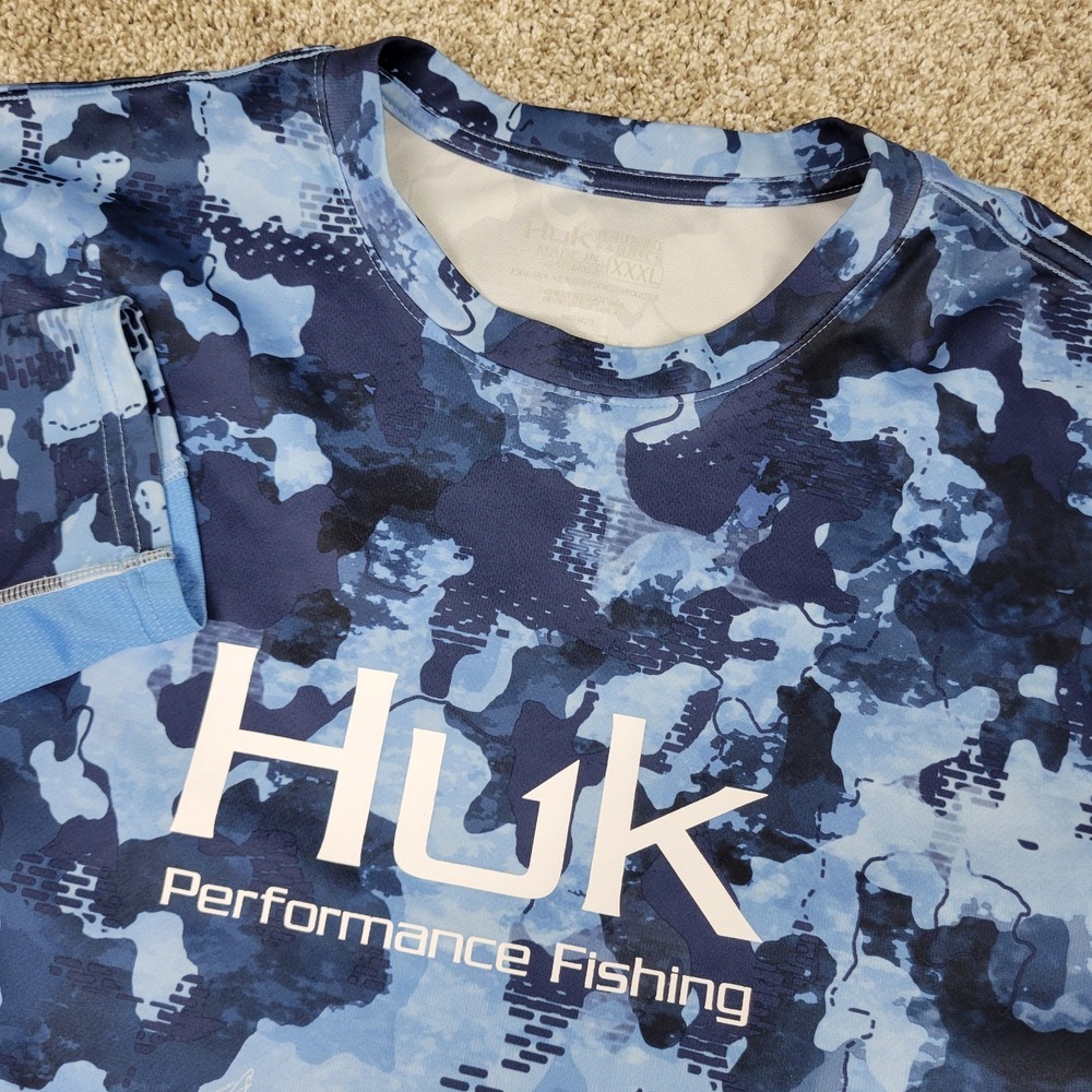 Huk Performance Fishing Mens 3XL Blue Water Camo Stretch Sun Shirt Long Sleeve